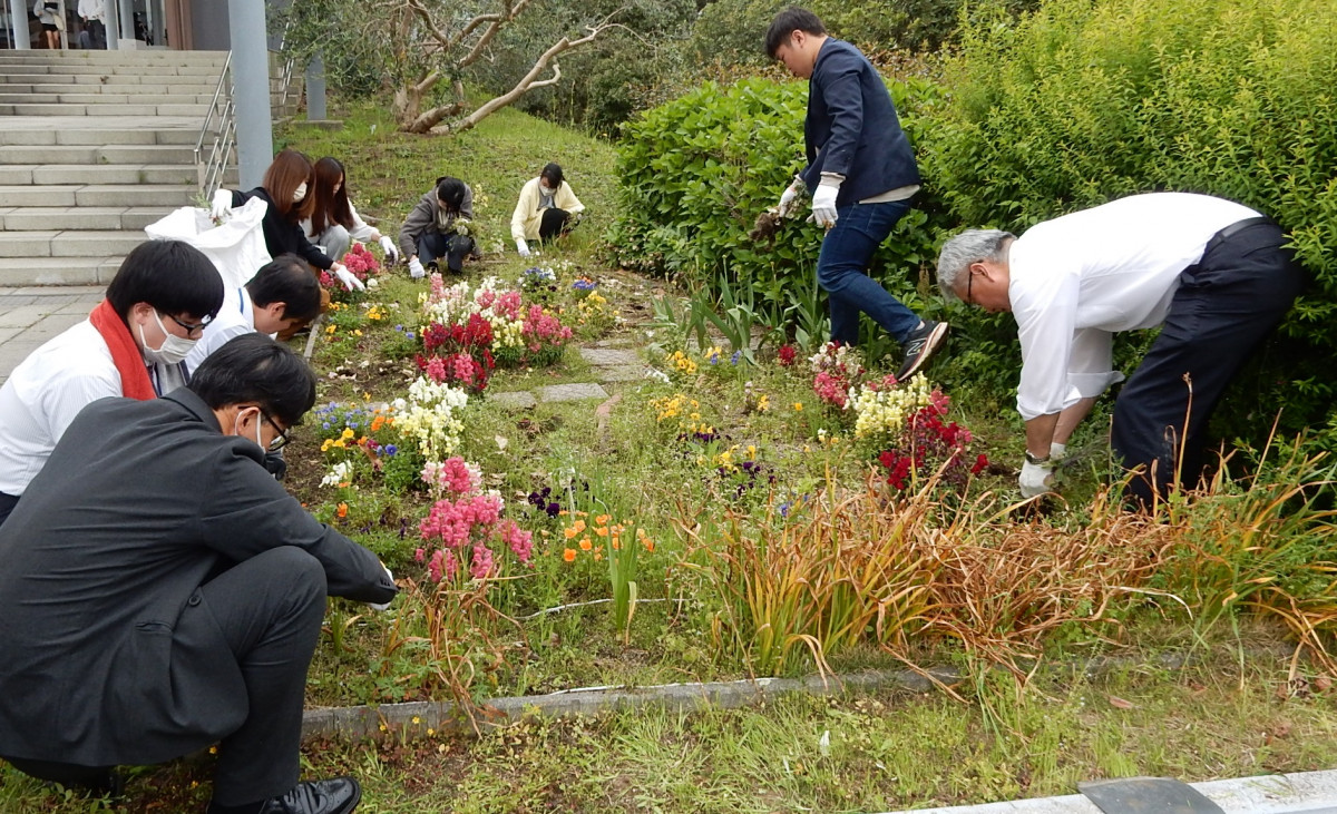 平岡都さん記念花壇「Garden of Hope」の手入れをしました。